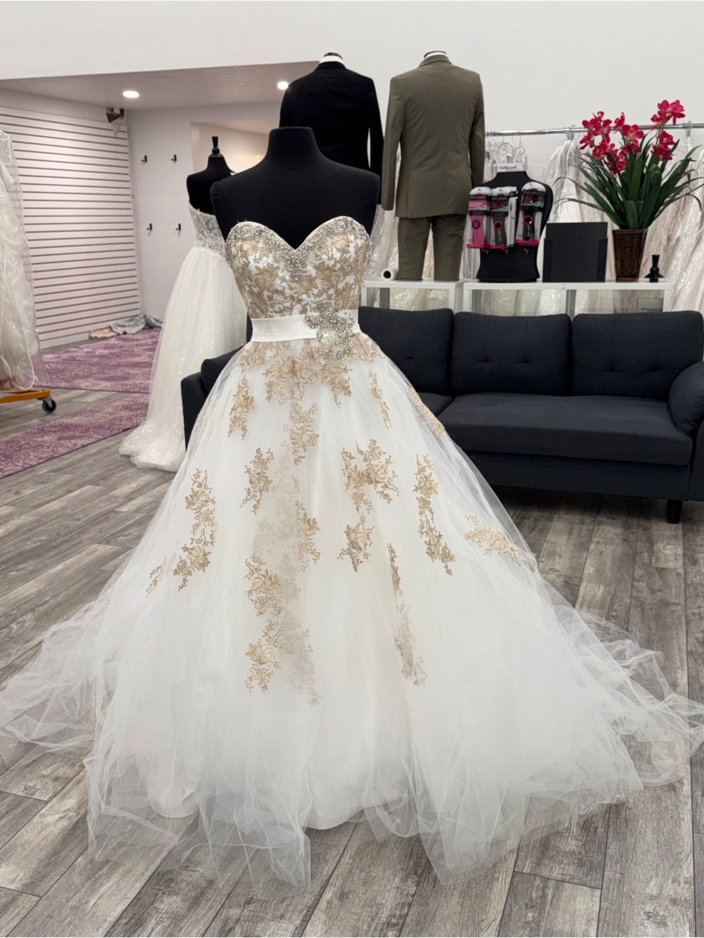 DaVinci ivory and Gold Strapless Sweetheart Ball Gown